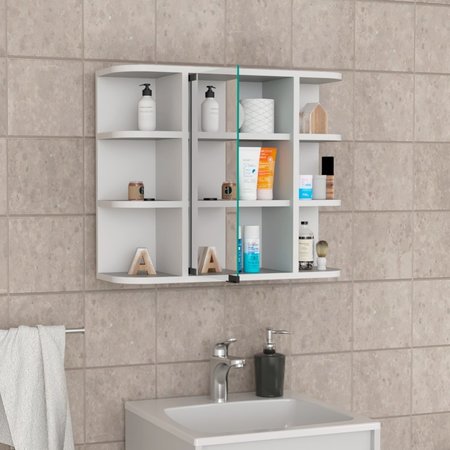 TUHOME Milan Medicine Cabinet, Six External Shelves Mirror, Three Internal Shelves, White GLB5590